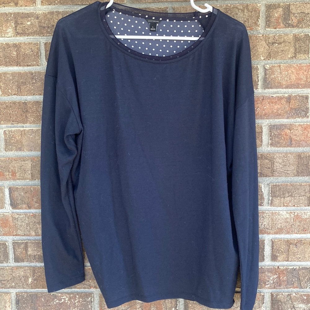 Navy lightweight knit top by Ann Taylor with polka dot